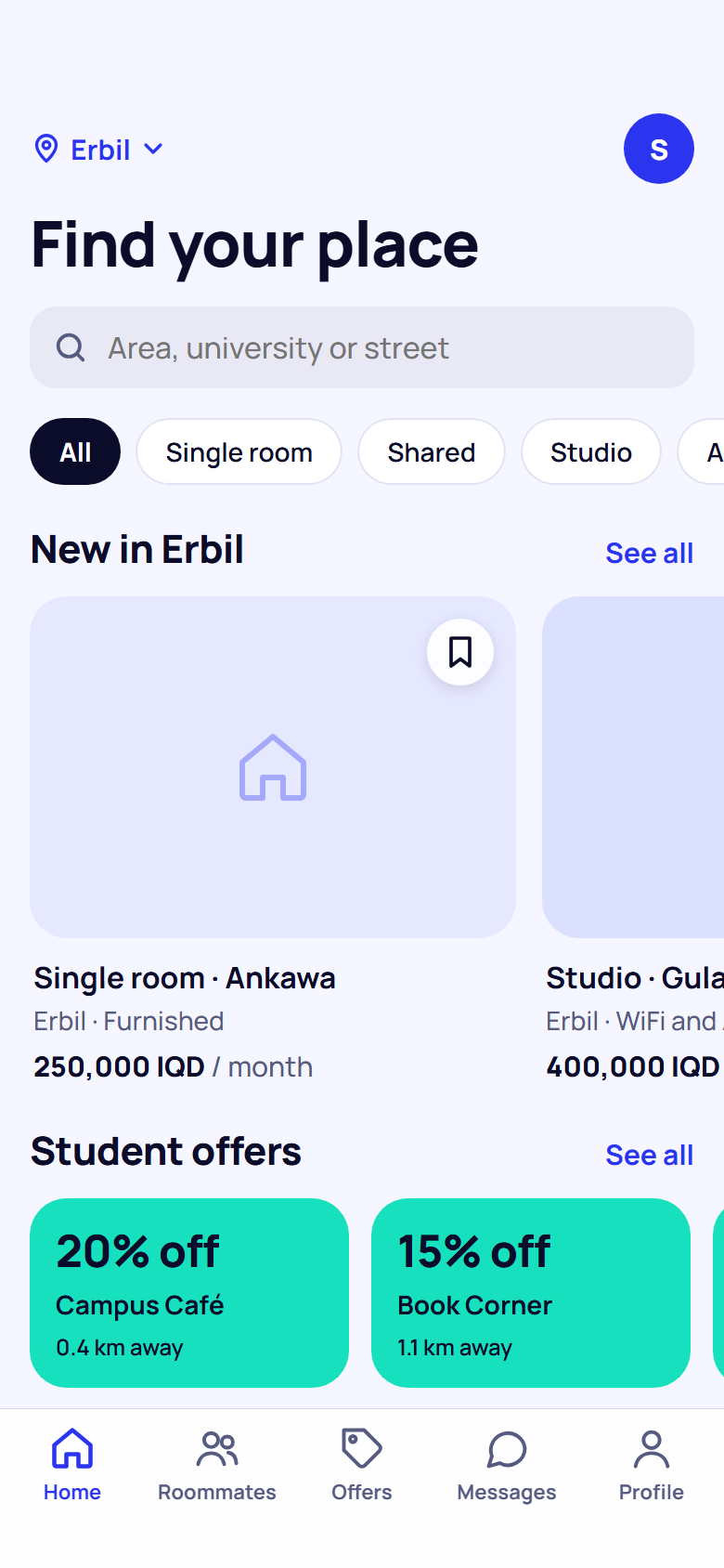 The B-Doz home screen with new rooms and student offers